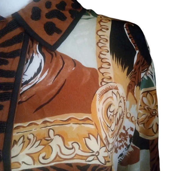 I.B. Diffusion Baroque Style Beaded Collar Button Front Silk Safari Blouse Sz 12 - Picture 4 of 9